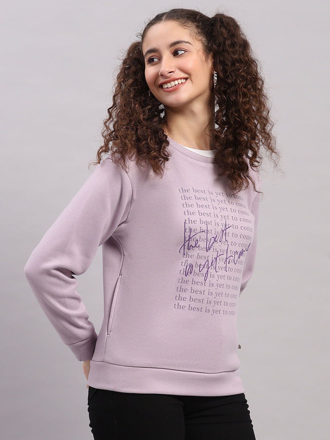 Women Purple Printed Round Neck Full Sleeve Sweatshirt