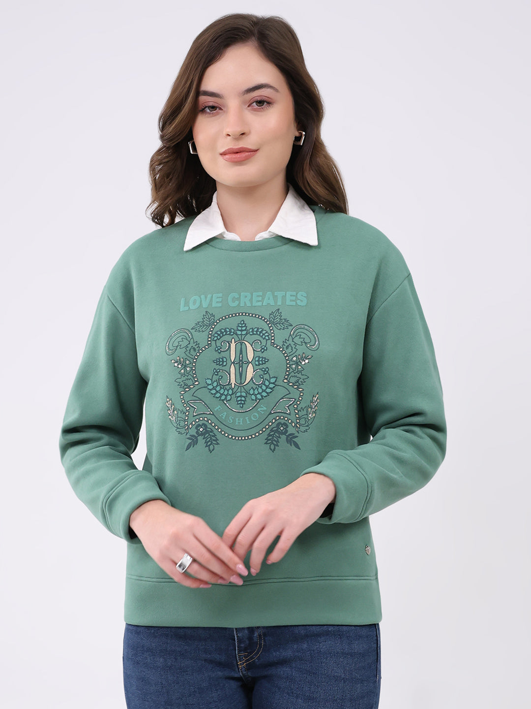 Women Green Printed Round Neck Full Sleeve Sweatshirt