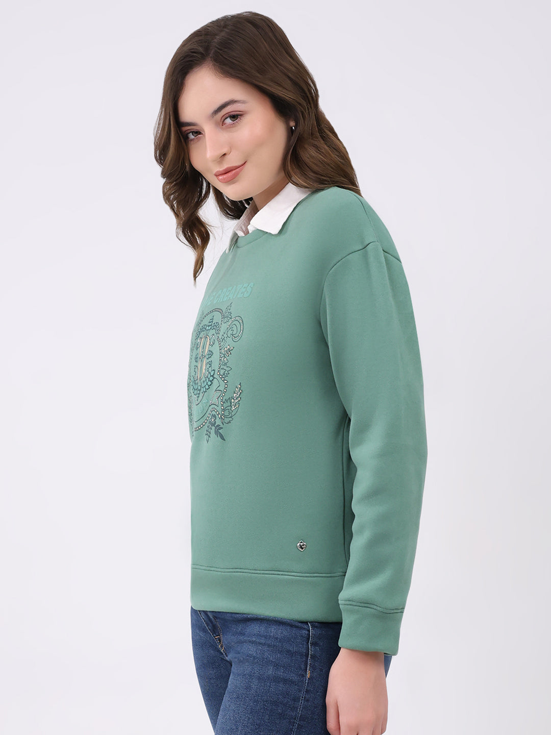 Women Green Printed Round Neck Full Sleeve Sweatshirt