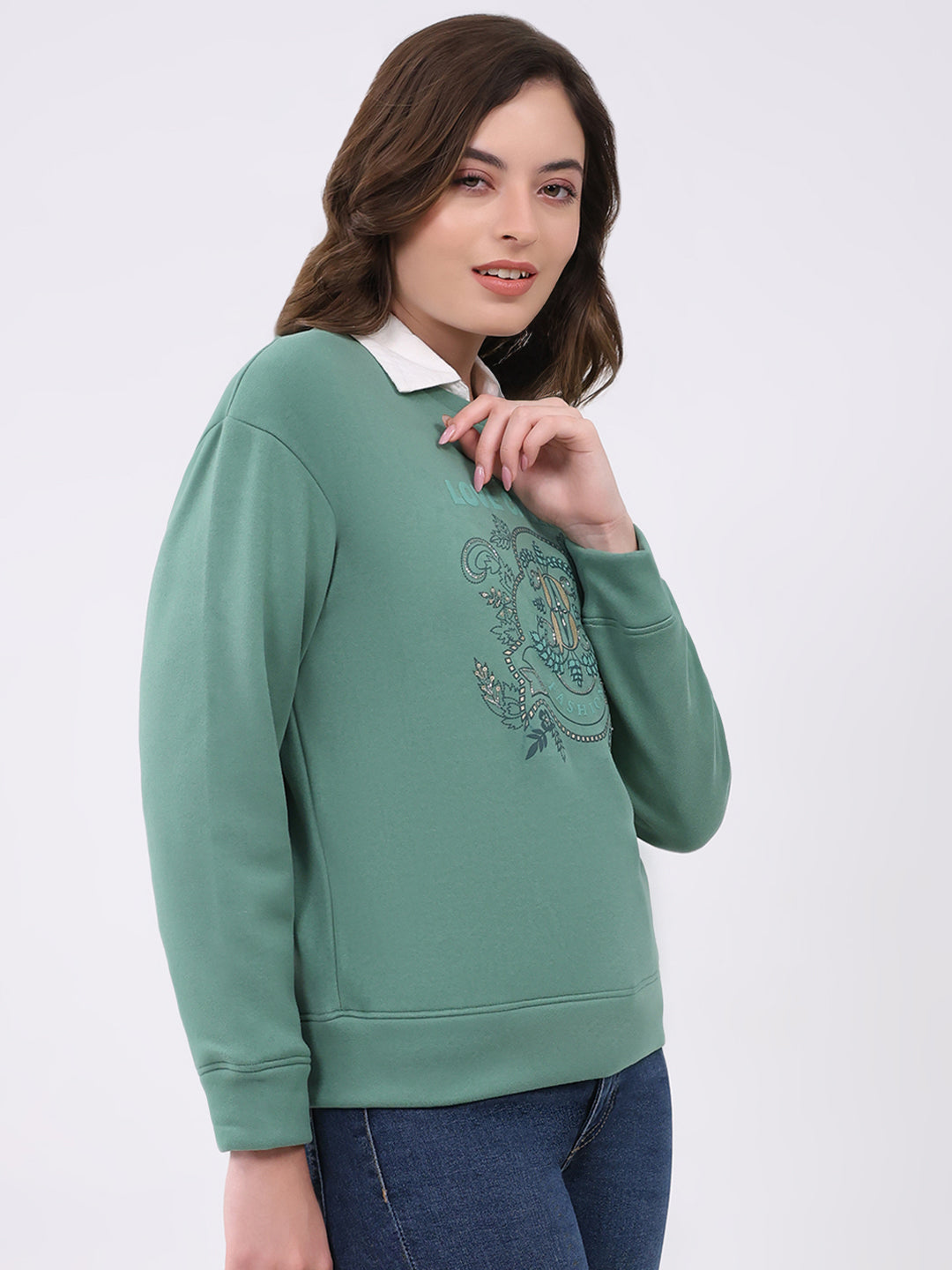 Women Green Printed Round Neck Full Sleeve Sweatshirt