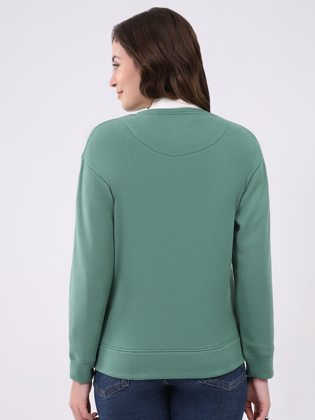Women Green Printed Round Neck Full Sleeve Sweatshirt
