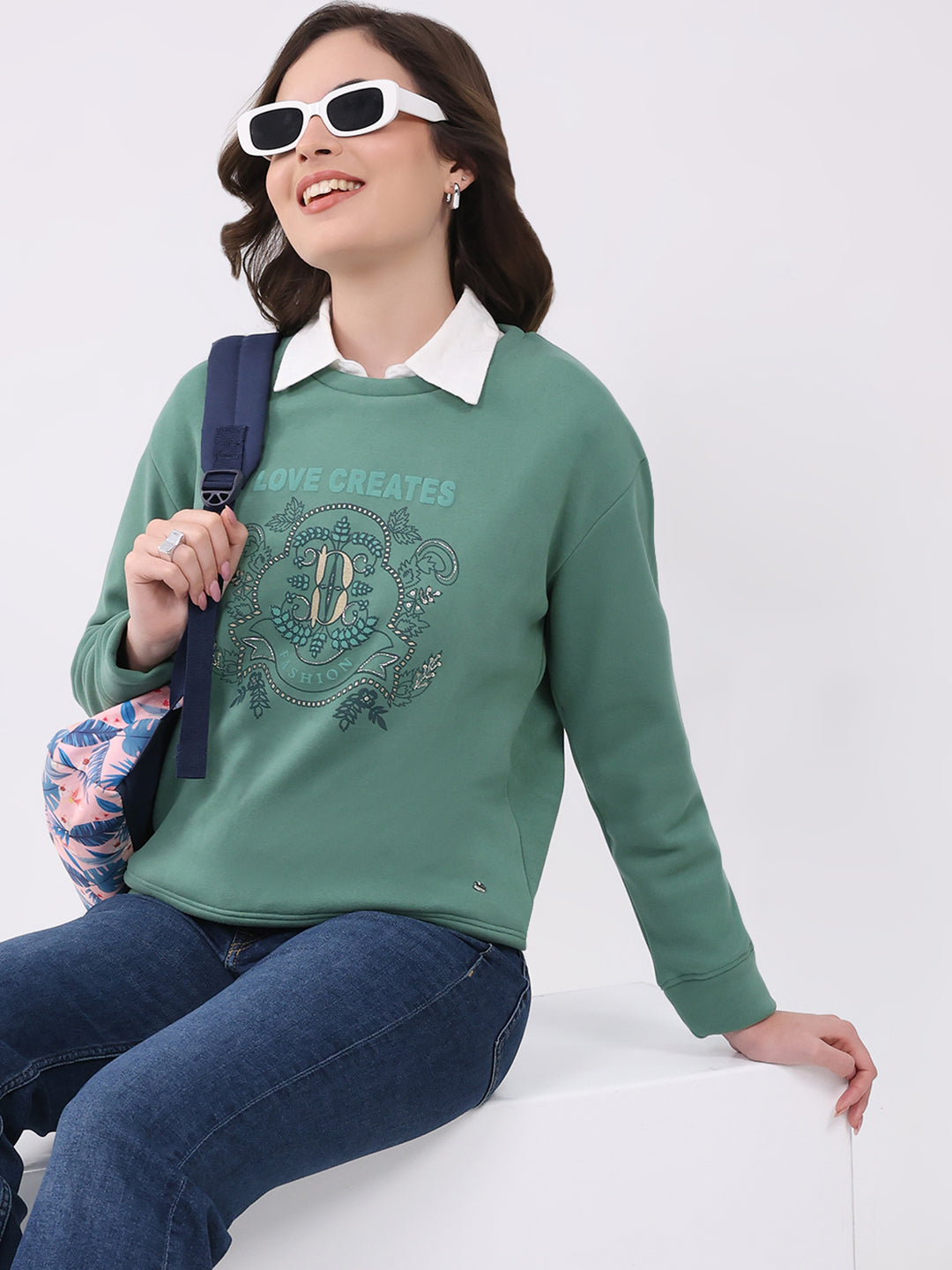Women Green Printed Round Neck Full Sleeve Sweatshirt