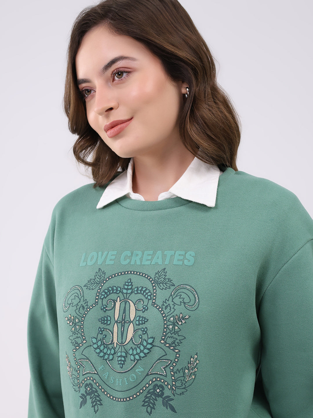 Women Green Printed Round Neck Full Sleeve Sweatshirt