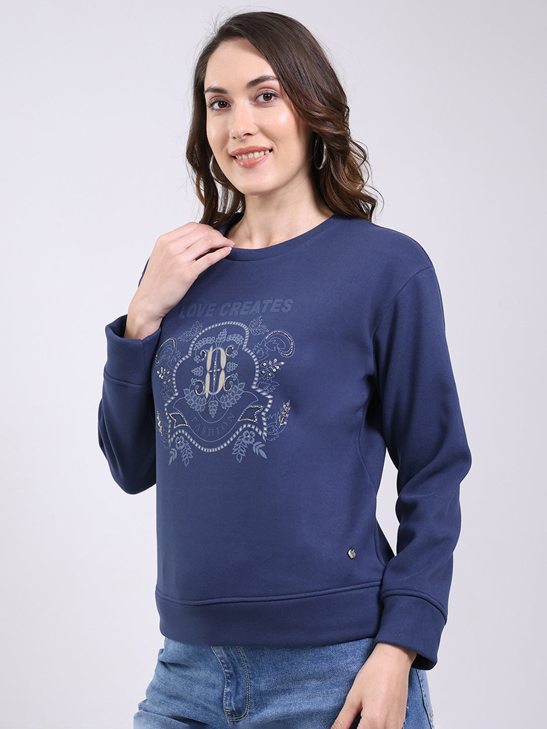 Women Navy Blue Printed Round Neck Full Sleeve Sweatshirt