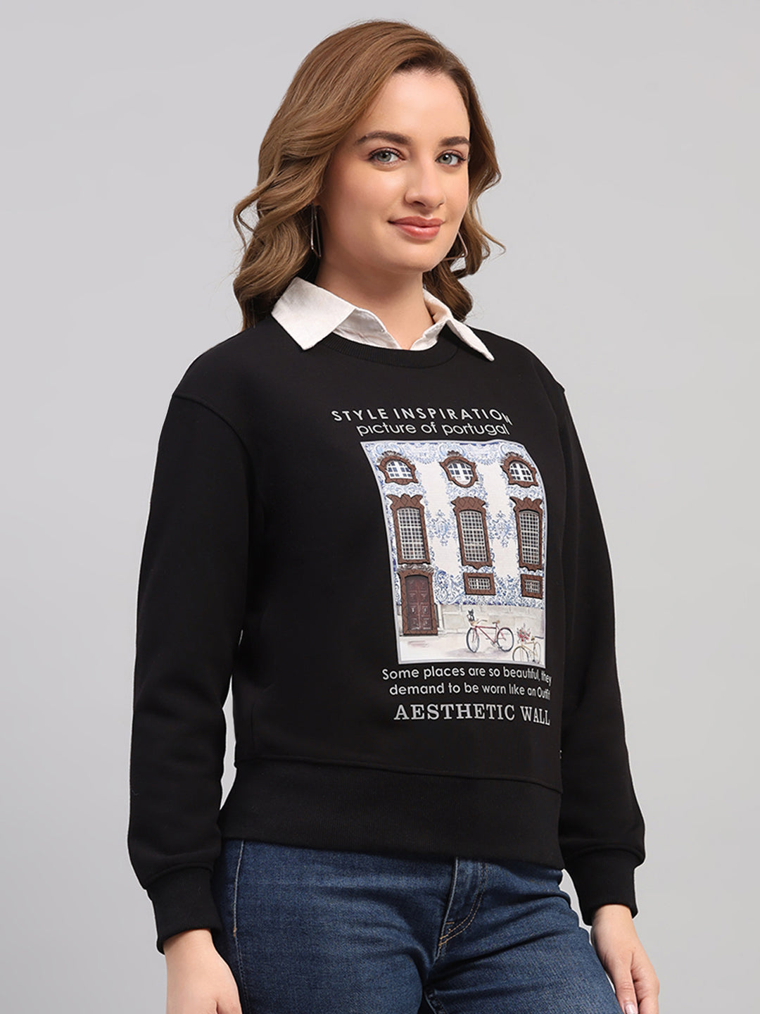 Women Black Printed Round Neck Full Sleeve Sweatshirt