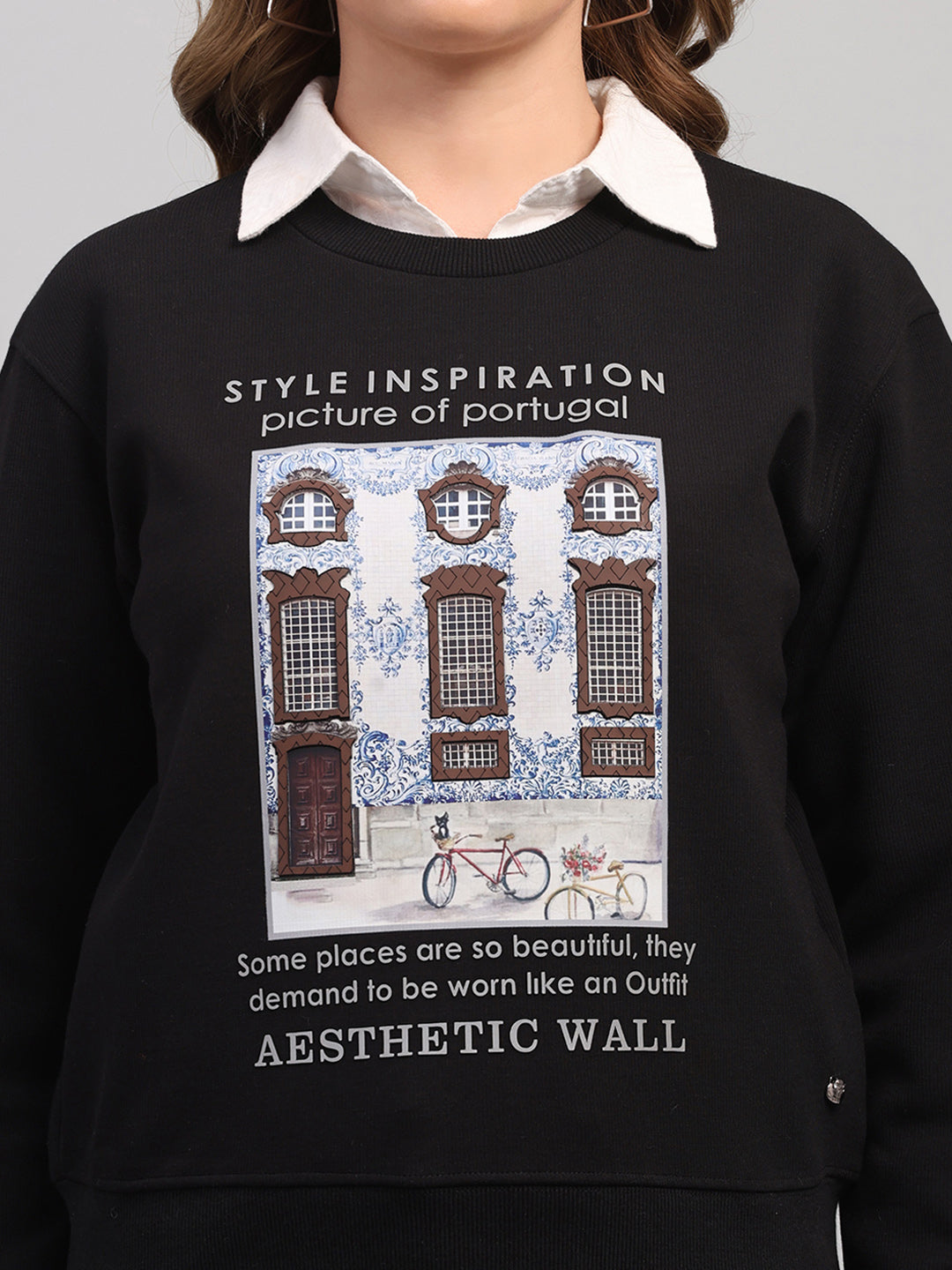 Women Black Printed Round Neck Full Sleeve Sweatshirt