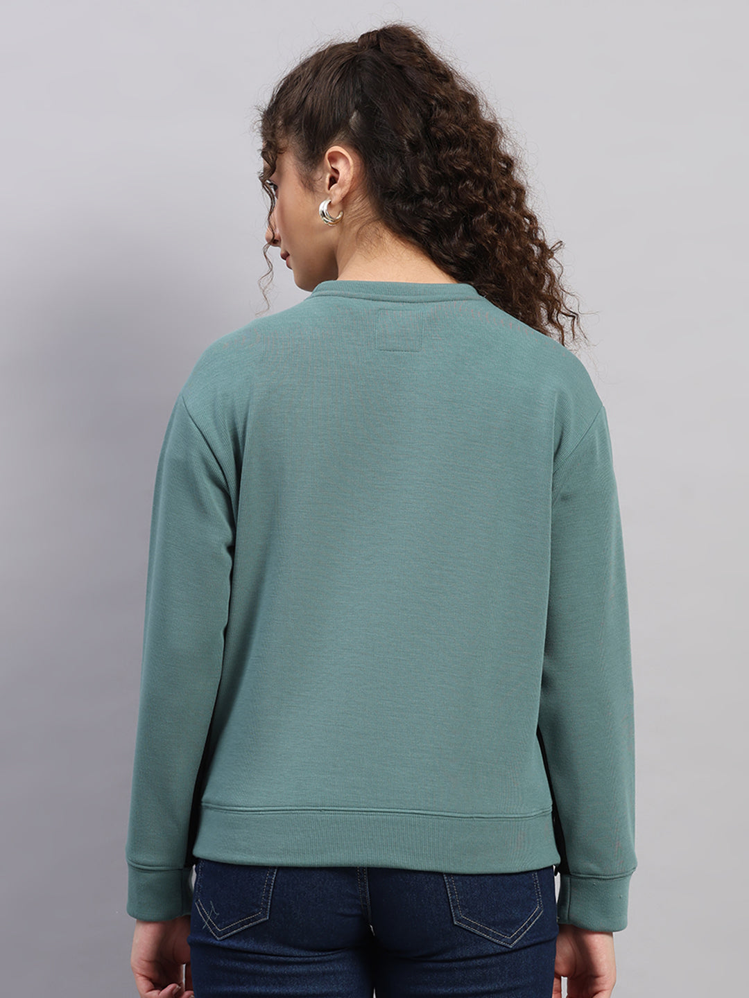 Women Green Printed Round Neck Full Sleeve Sweatshirt