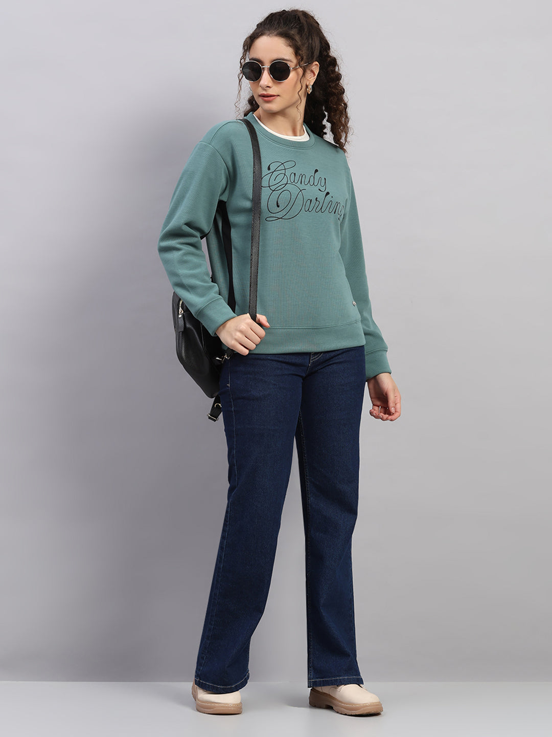 Women Green Printed Round Neck Full Sleeve Sweatshirt