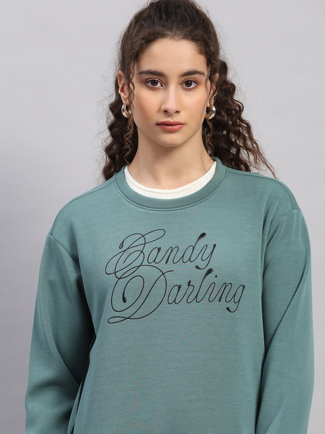 Women Green Printed Round Neck Full Sleeve Sweatshirt