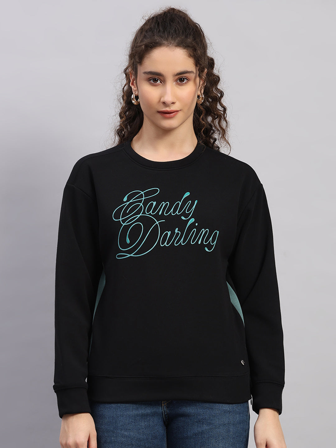 Women Black Printed Round Neck Full Sleeve Sweatshirt