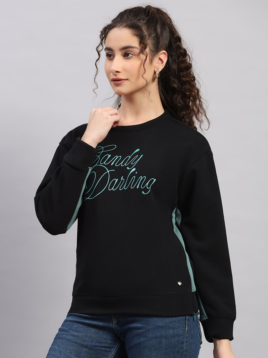 Women Black Printed Round Neck Full Sleeve Sweatshirt