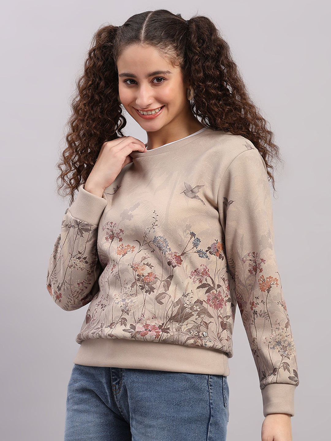 Women Beige Printed Round Neck Full Sleeve Sweatshirt