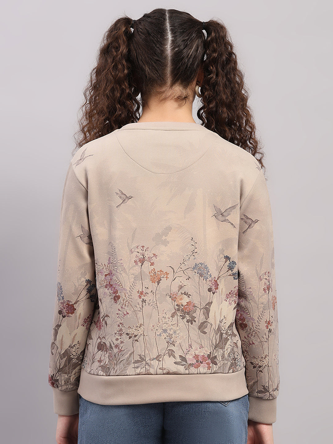 Women Beige Printed Round Neck Full Sleeve Sweatshirt