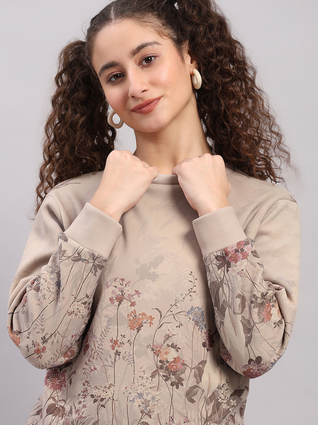 Women Beige Printed Round Neck Full Sleeve Sweatshirt