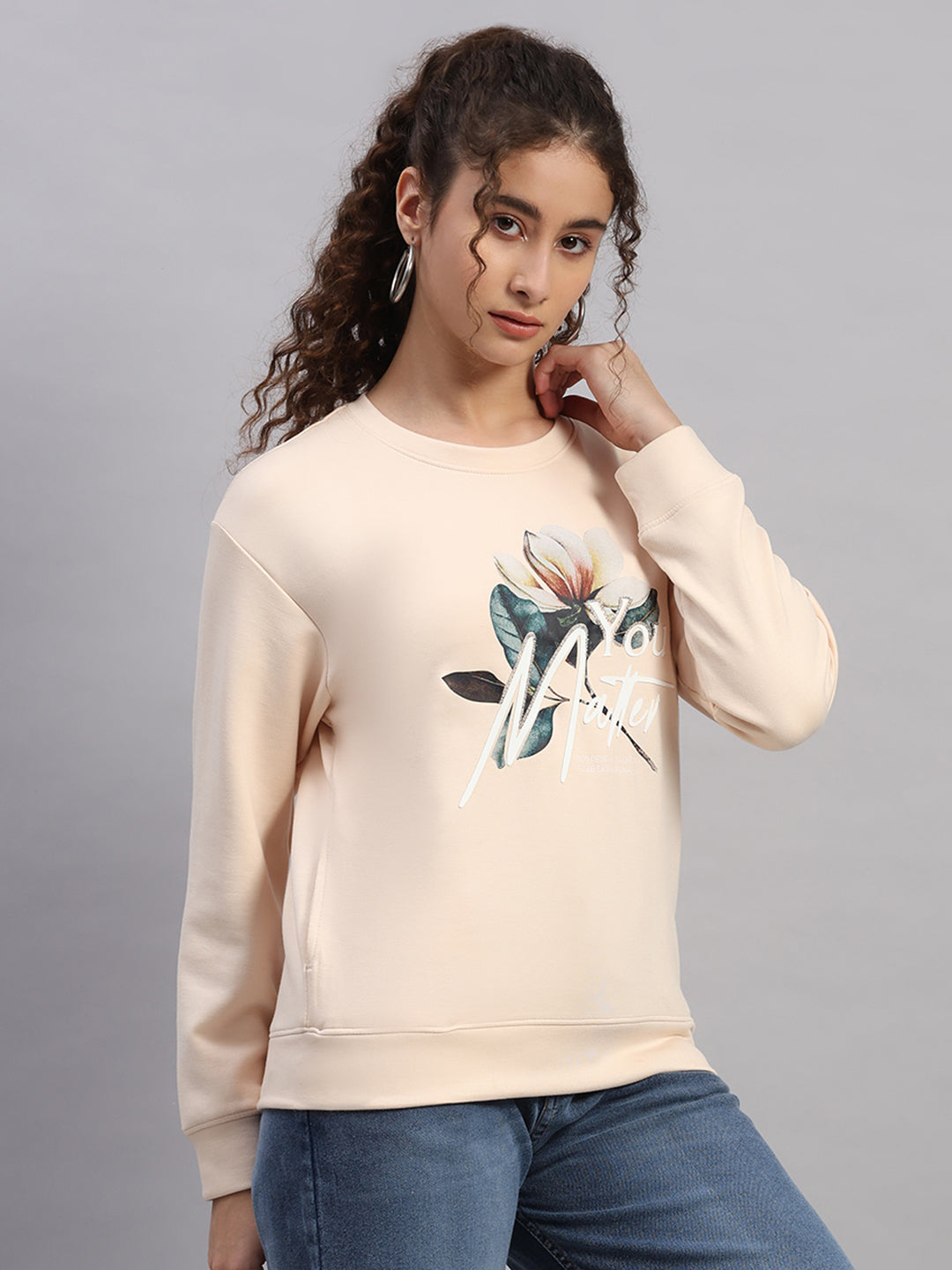 Women Peach Printed Round Neck Full Sleeve Sweatshirt