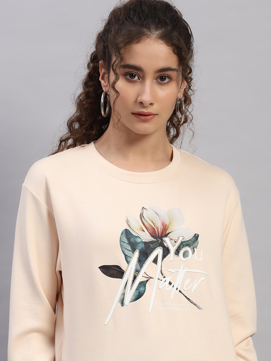 Women Peach Printed Round Neck Full Sleeve Sweatshirt