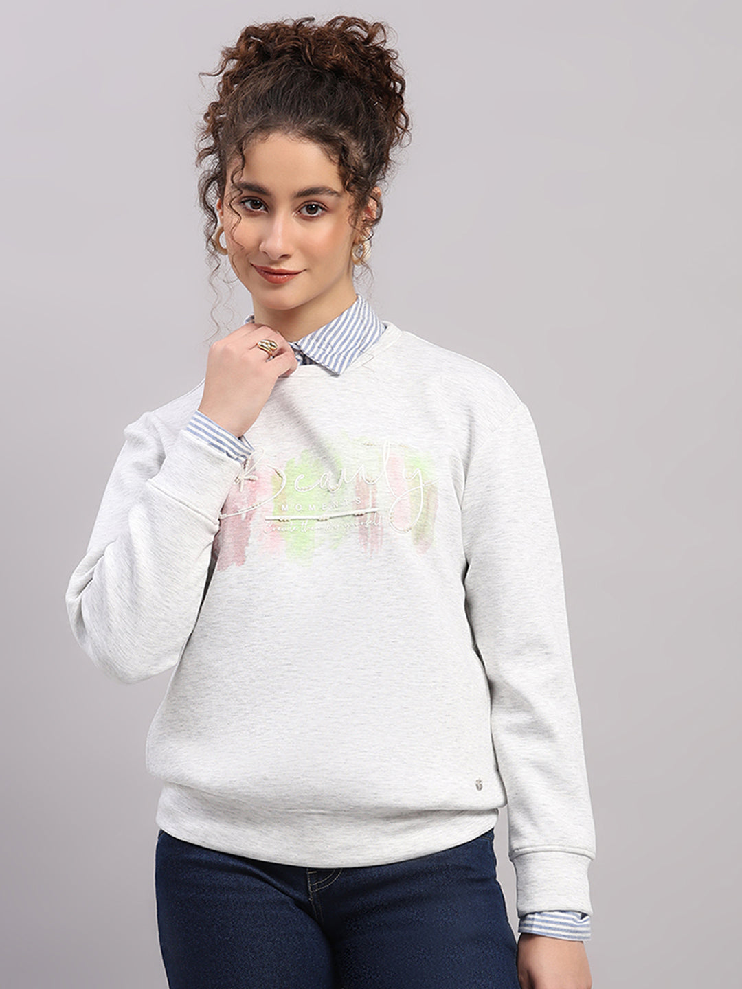 Women Off White Printed Round Neck Full Sleeve Sweatshirt