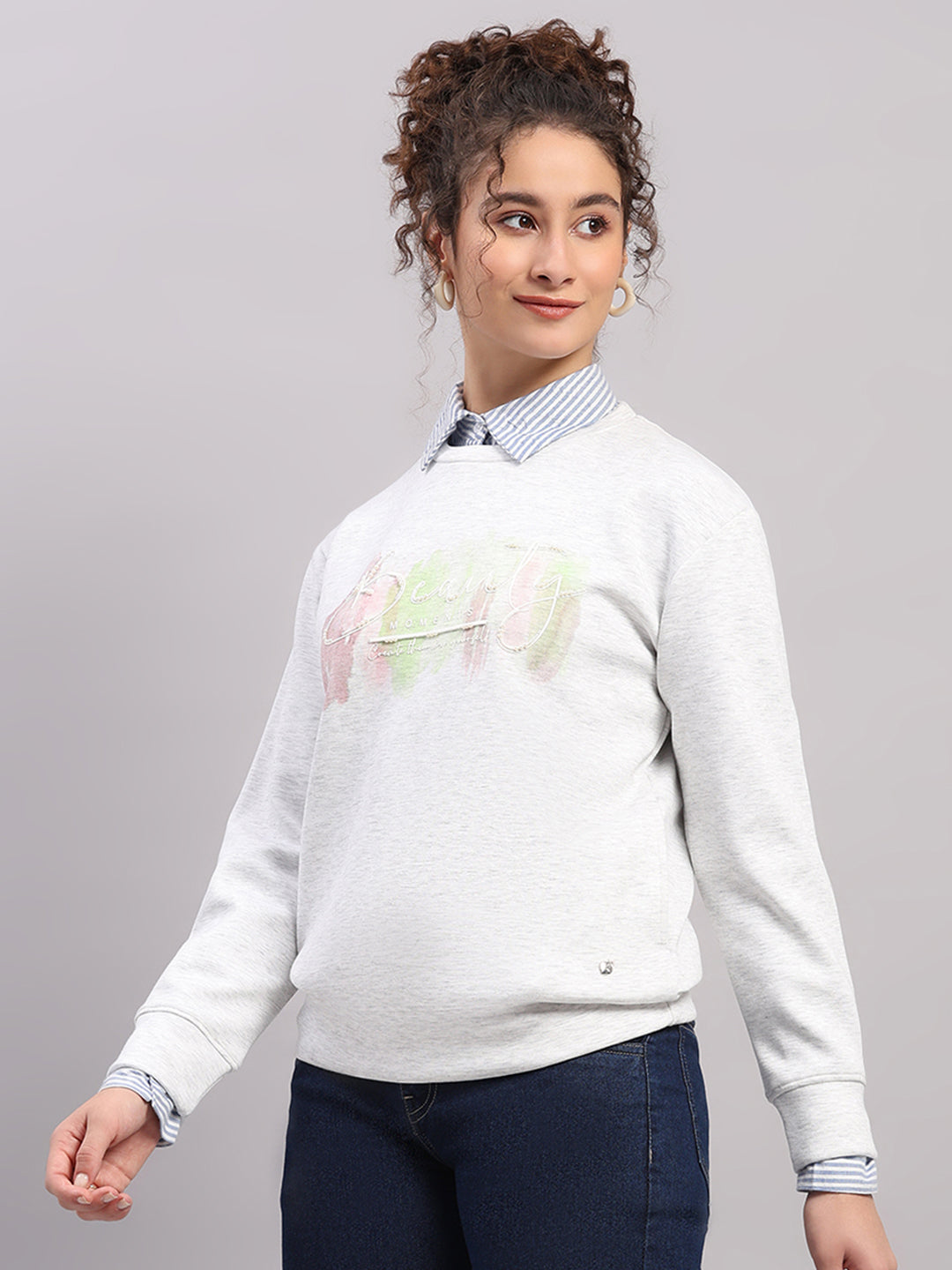 Women Off White Printed Round Neck Full Sleeve Sweatshirt