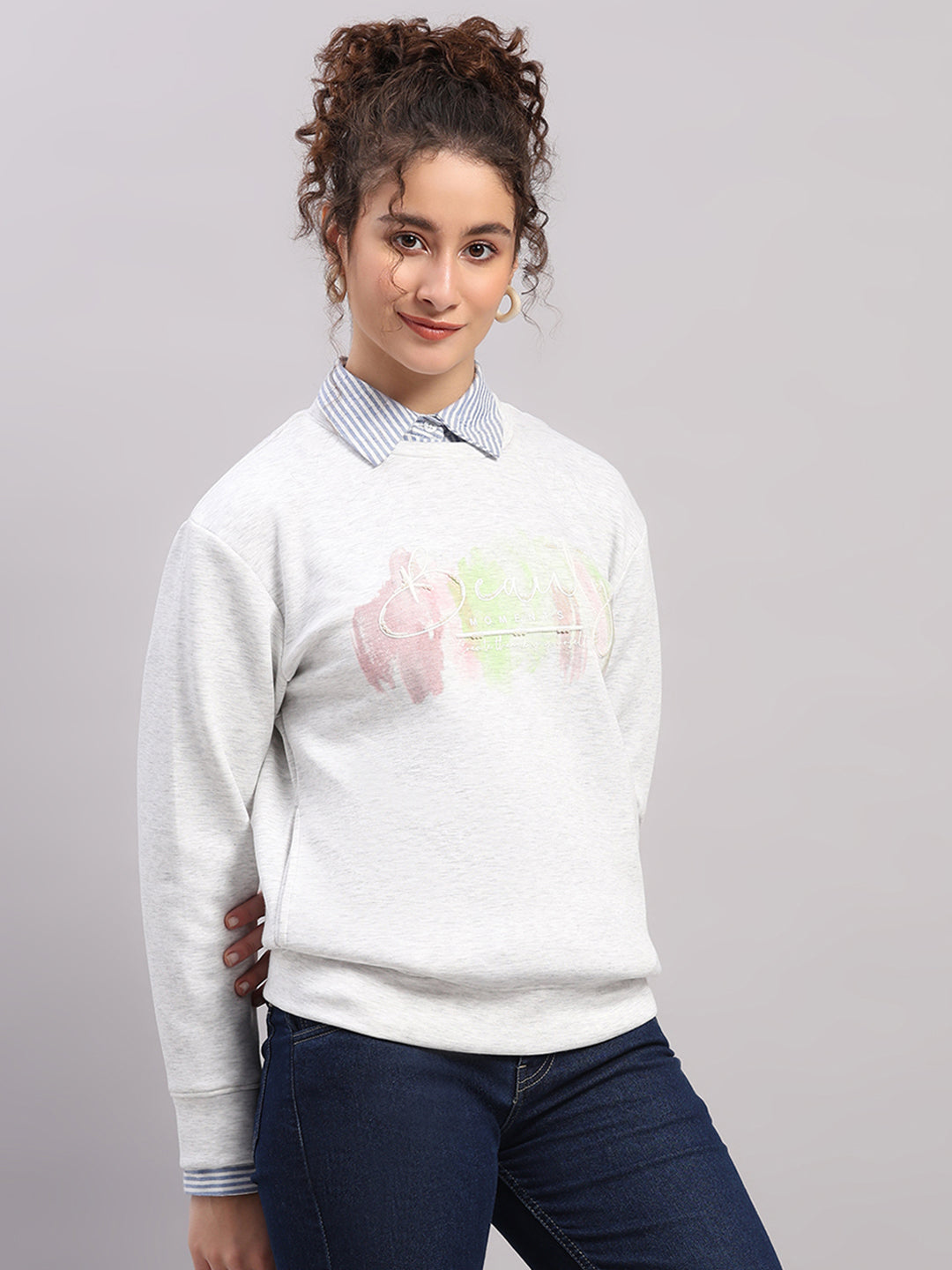 Women Off White Printed Round Neck Full Sleeve Sweatshirt