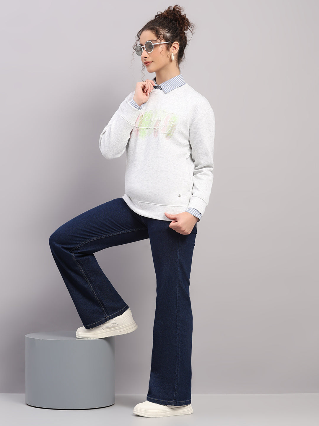 Women Off White Printed Round Neck Full Sleeve Sweatshirt