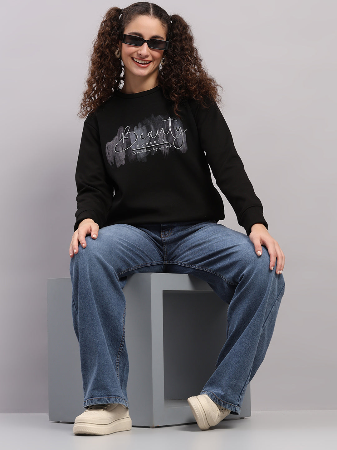 Women Black Printed Round Neck Full Sleeve Sweatshirt