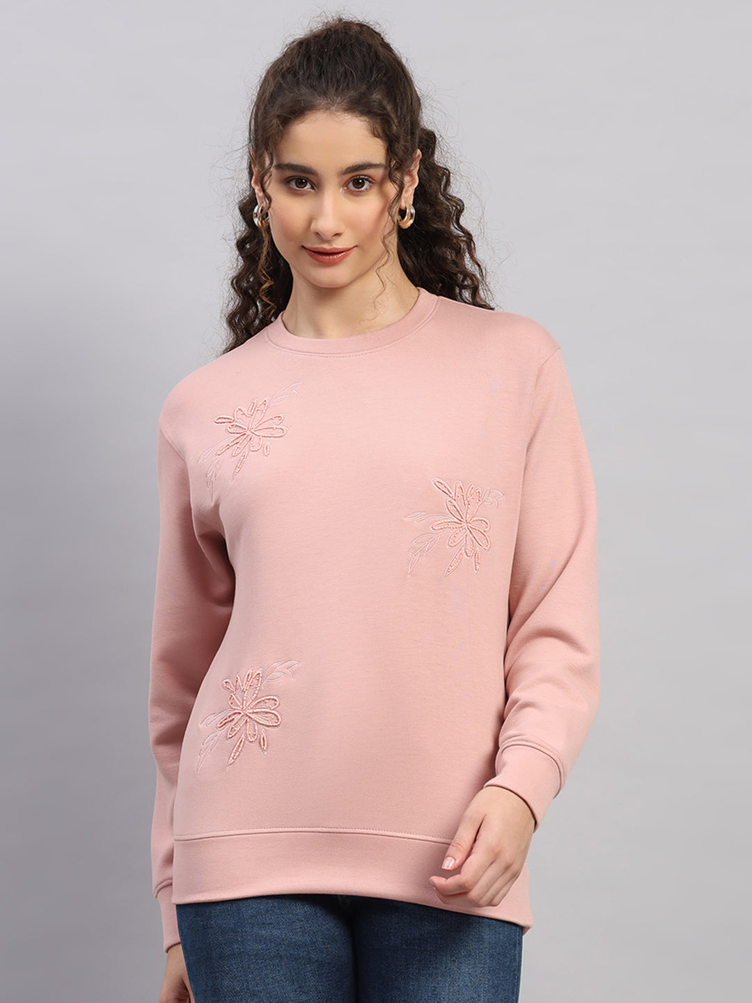 Women Pink Embroidered Round Neck Full Sleeve Sweatshirt