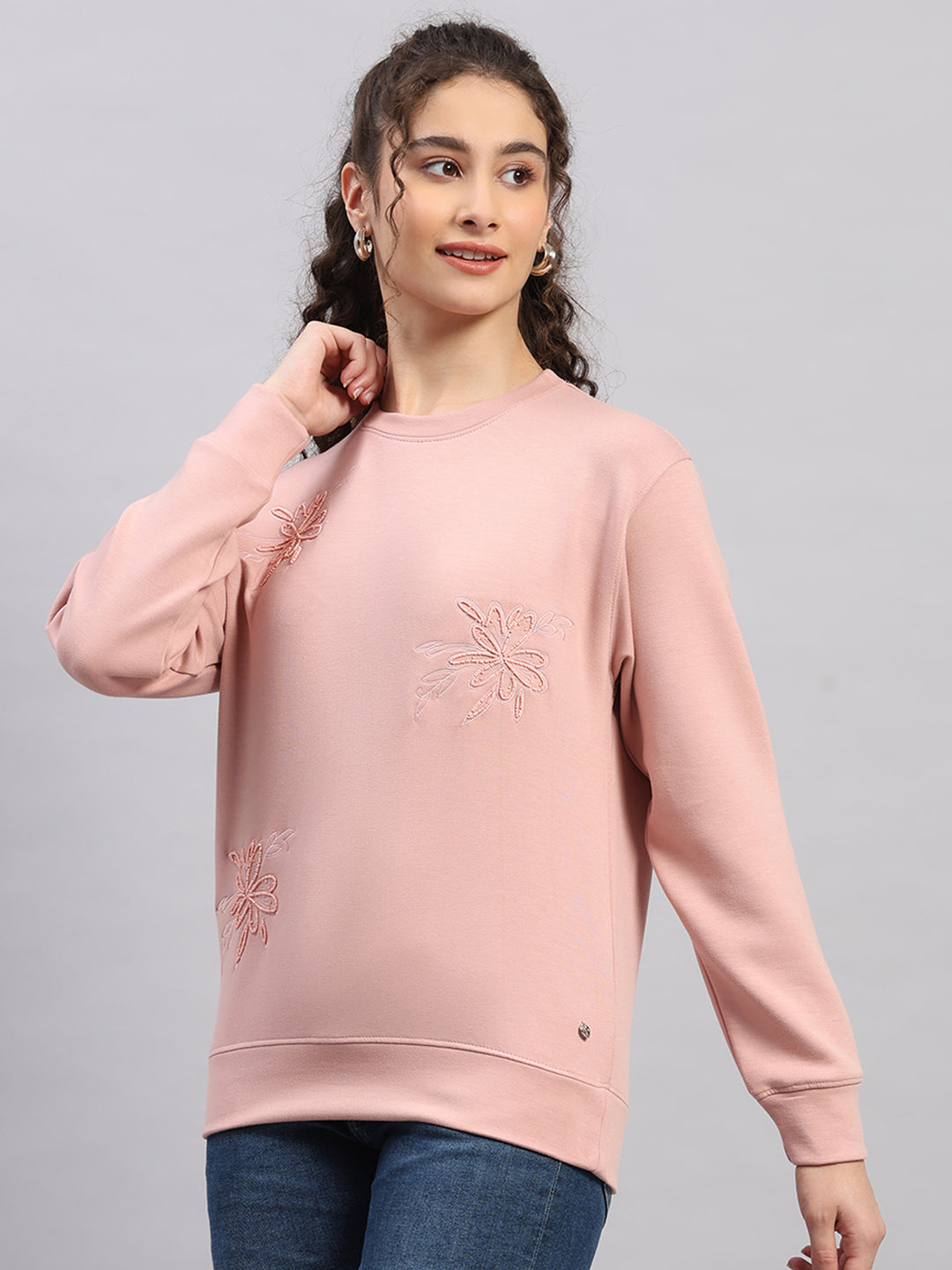 Women Pink Embroidered Round Neck Full Sleeve Sweatshirt