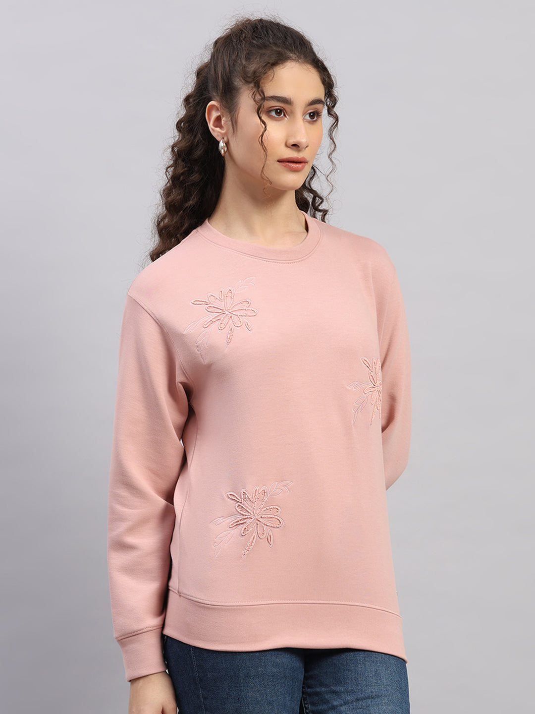 Women Pink Embroidered Round Neck Full Sleeve Sweatshirt