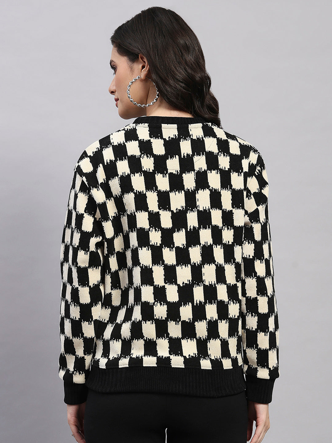 Women Black Self Design Round Neck Full Sleeve Sweatshirt