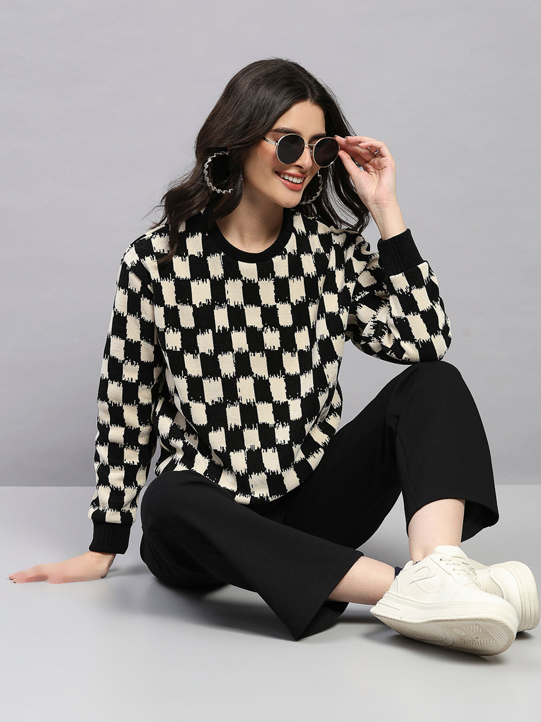 Women Black Self Design Round Neck Full Sleeve Sweatshirt