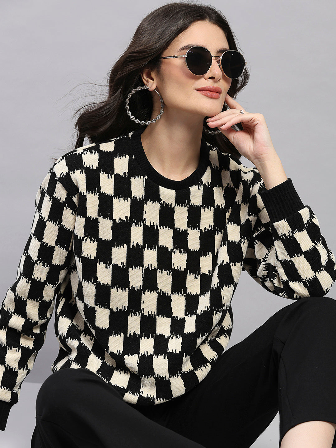 Women Black Self Design Round Neck Full Sleeve Sweatshirt