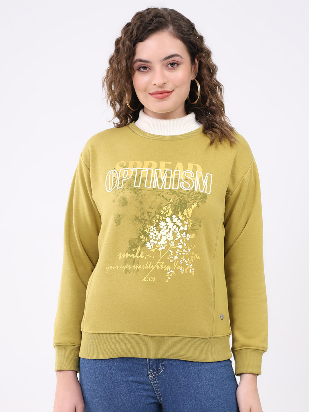 Women Mustard Printed Round Neck Full Sleeve Sweatshirt