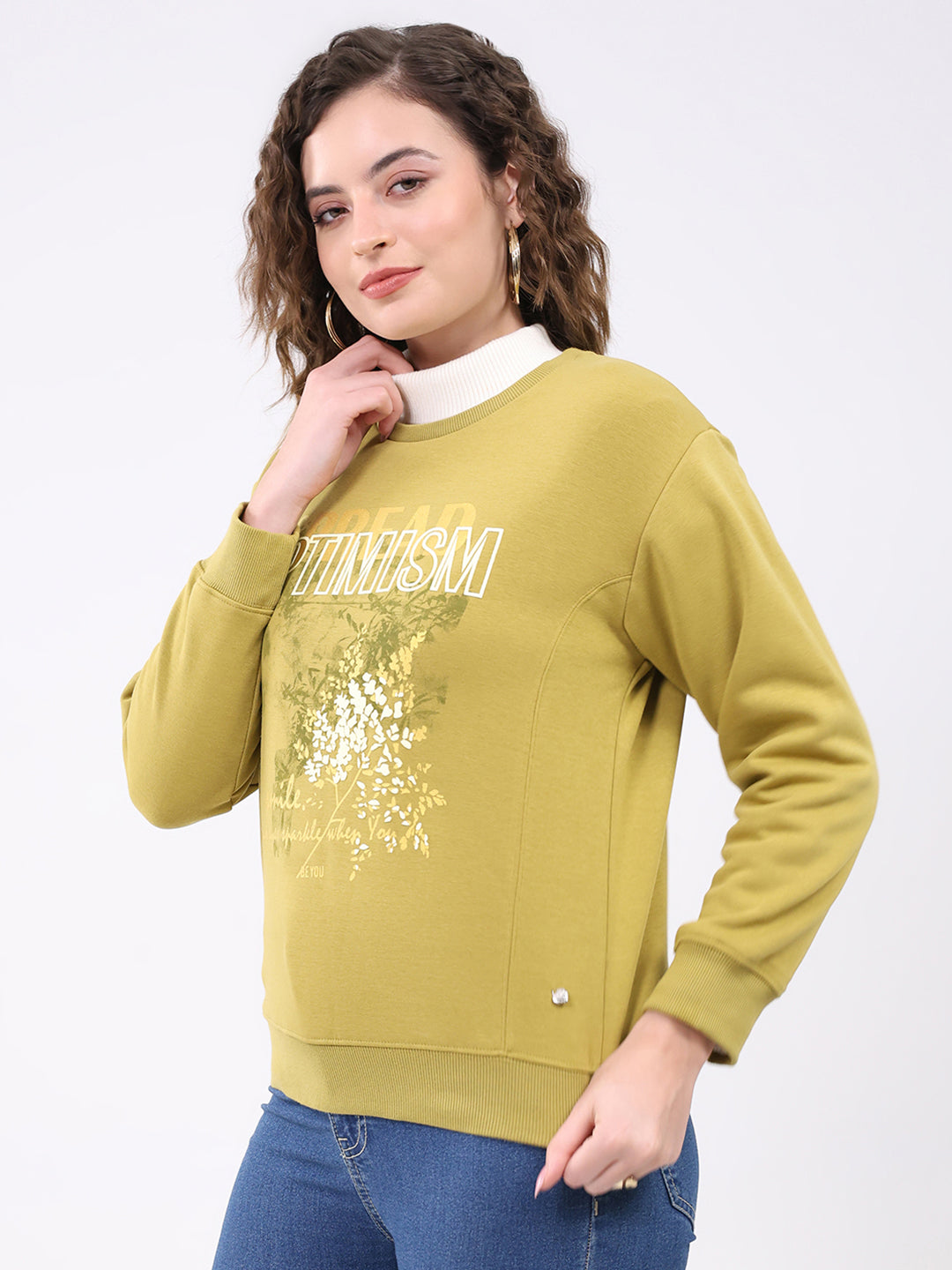 Women Mustard Printed Round Neck Full Sleeve Sweatshirt