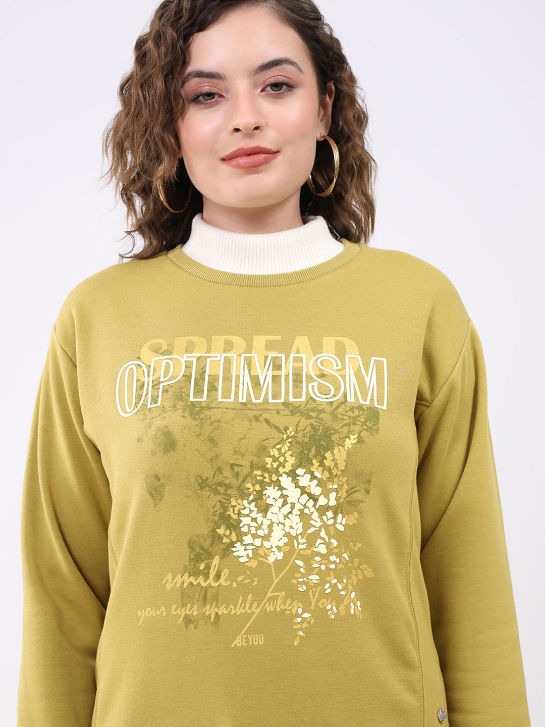 Women Mustard Printed Round Neck Full Sleeve Sweatshirt