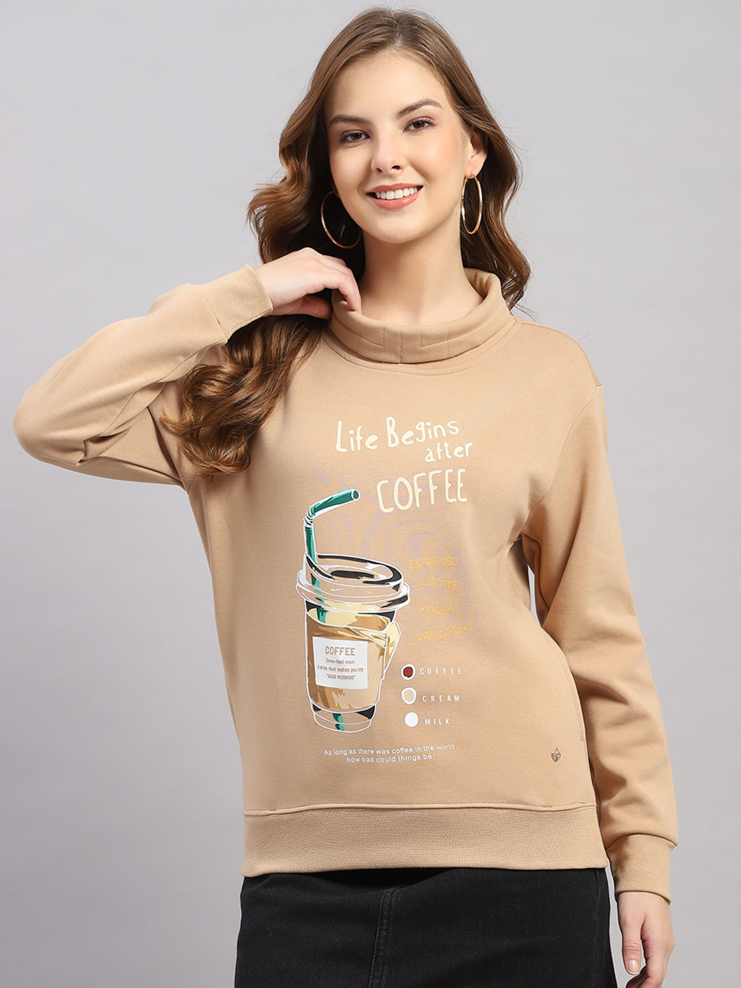 Women Brown Printed Round Neck Full Sleeve Sweatshirt