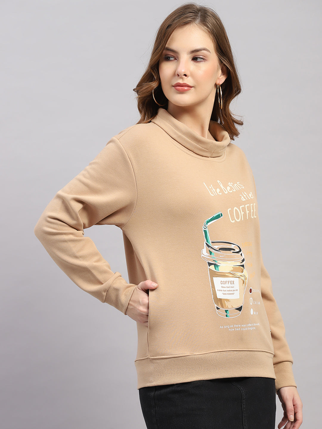 Women Brown Printed Round Neck Full Sleeve Sweatshirt
