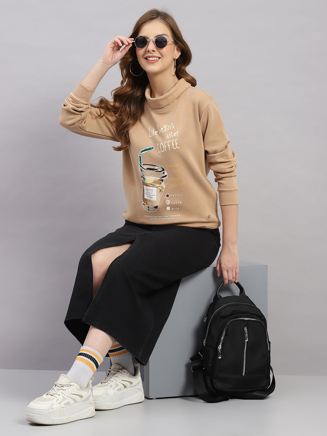 Women Brown Printed Round Neck Full Sleeve Sweatshirt