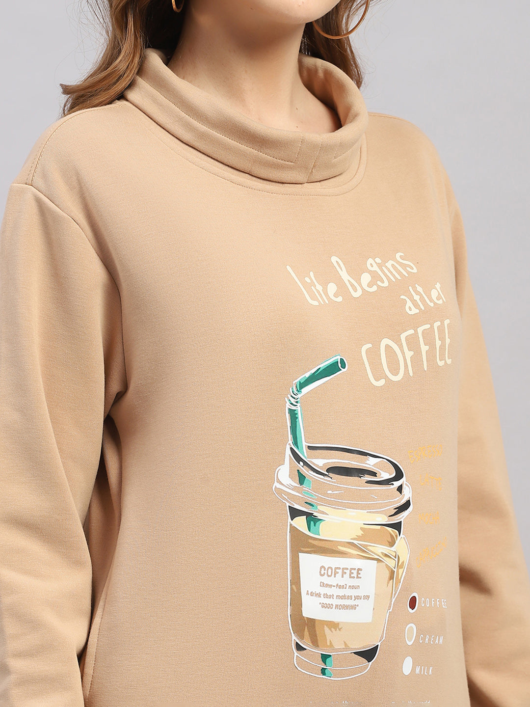 Women Brown Printed Round Neck Full Sleeve Sweatshirt