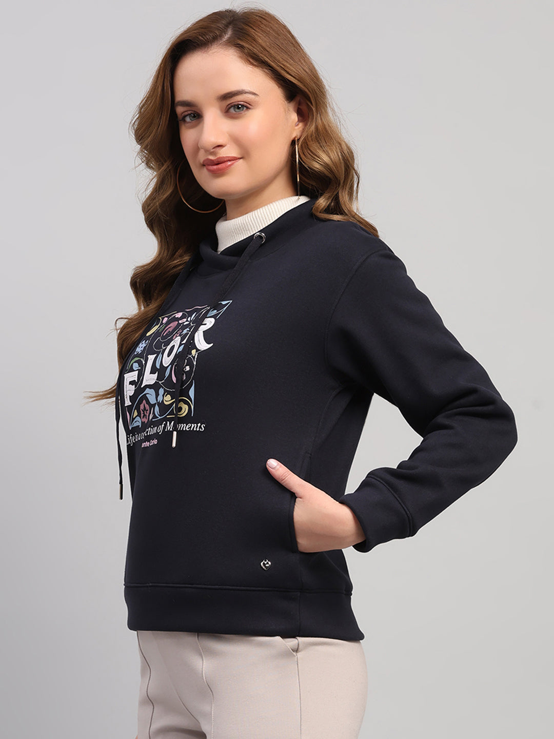 Women Navy Blue Printed Turtle Neck Full Sleeve Sweatshirt