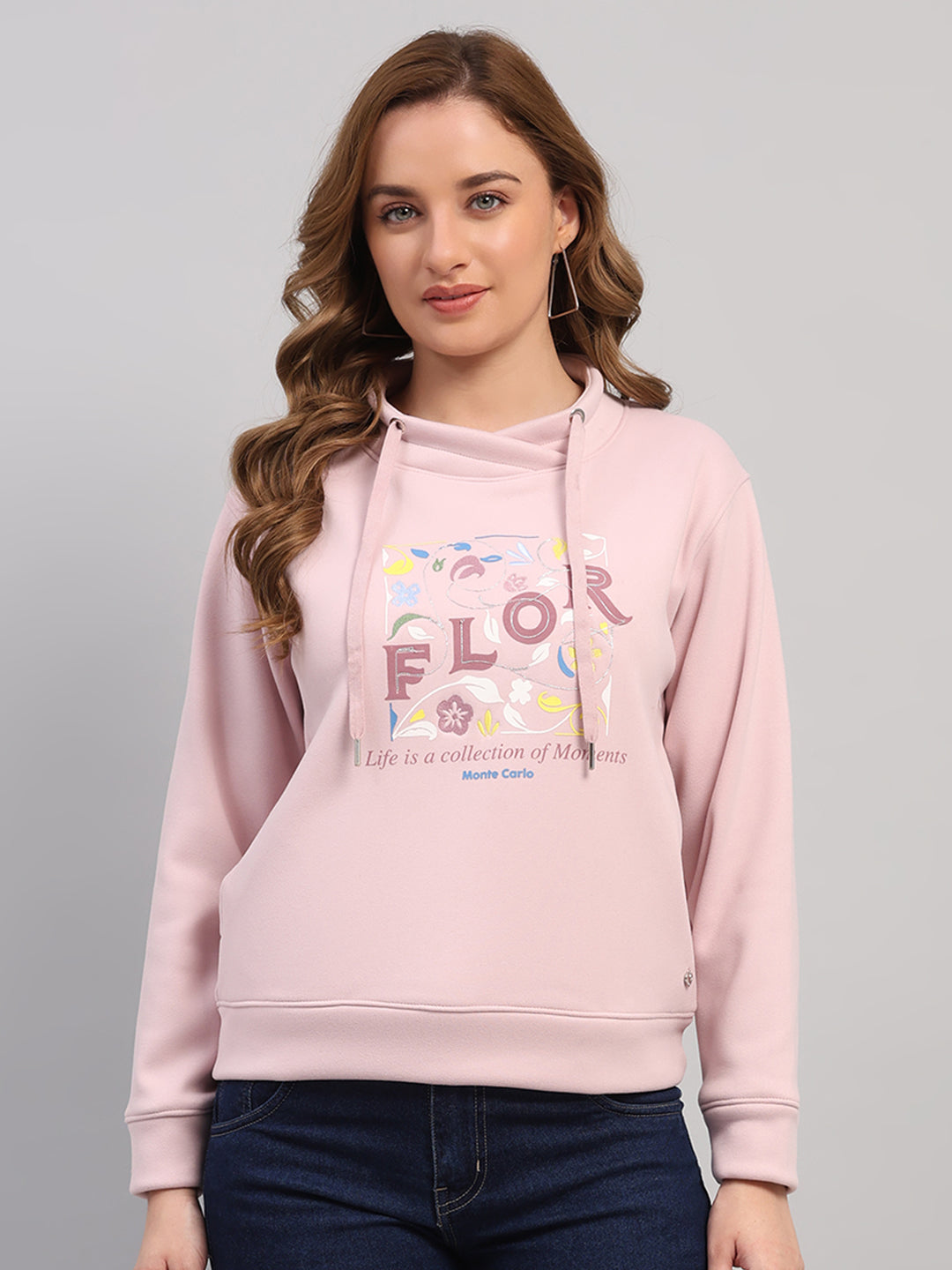 Women Pink Printed Turtle Neck Full Sleeve Sweatshirt
