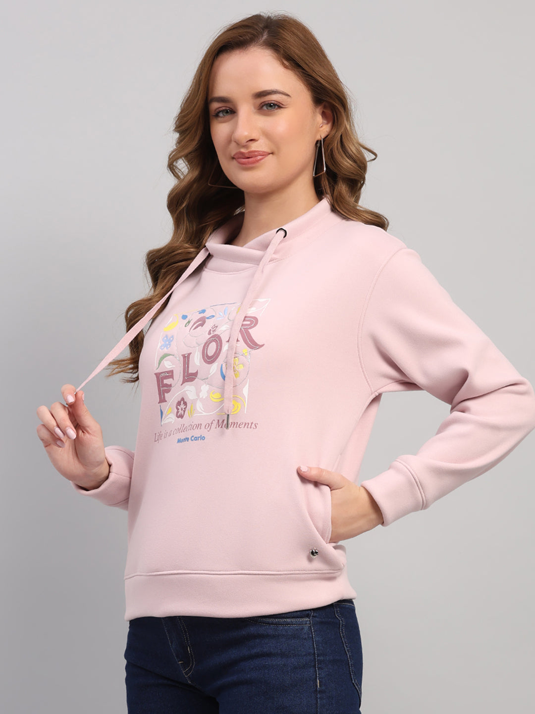 Women Pink Printed Turtle Neck Full Sleeve Sweatshirt