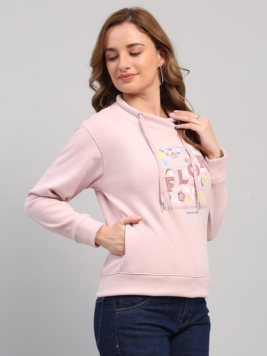 Women Pink Printed Turtle Neck Full Sleeve Sweatshirt