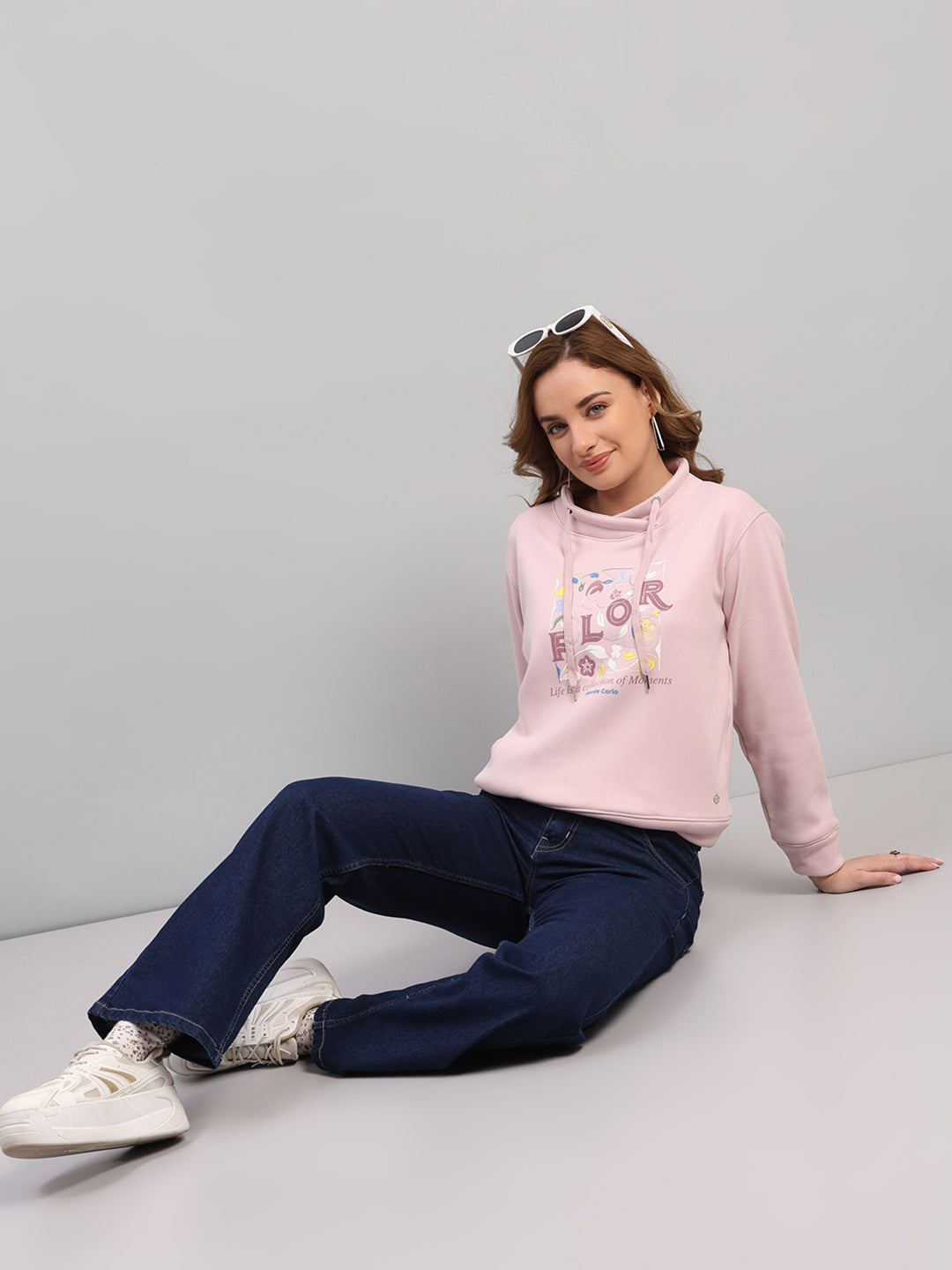Women Pink Printed Turtle Neck Full Sleeve Sweatshirt