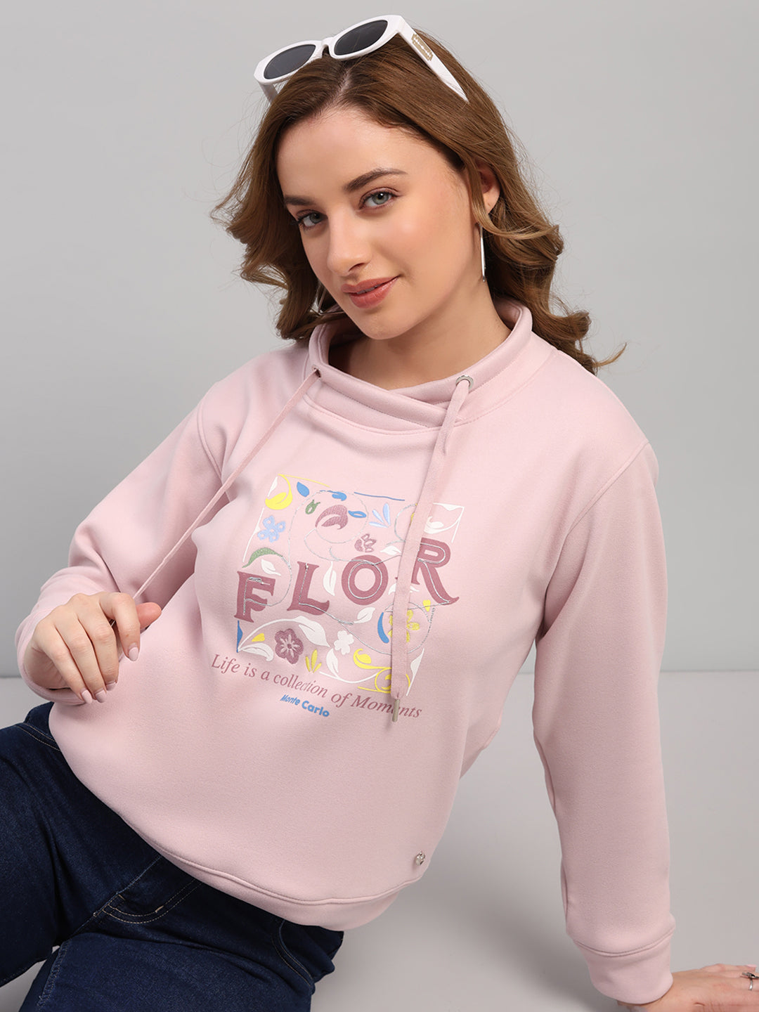 Women Pink Printed Turtle Neck Full Sleeve Sweatshirt