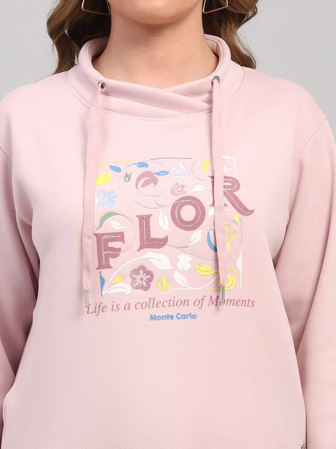 Women Pink Printed Turtle Neck Full Sleeve Sweatshirt