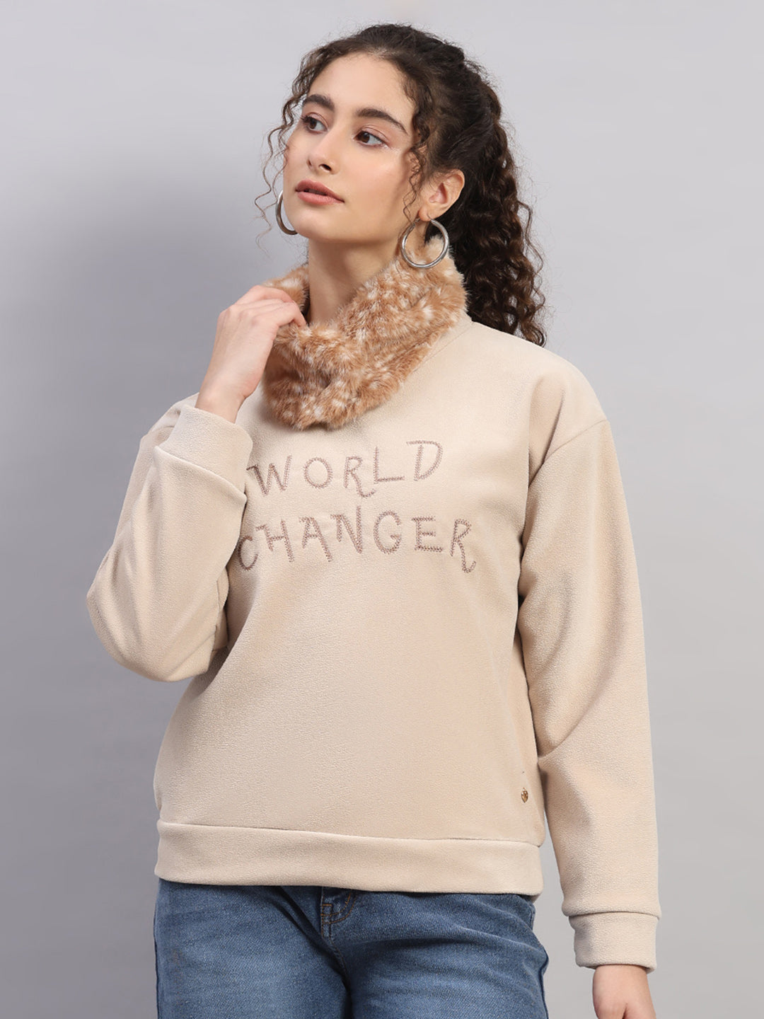 Women Beige Embroidered Round Neck Full Sleeve Sweatshirt