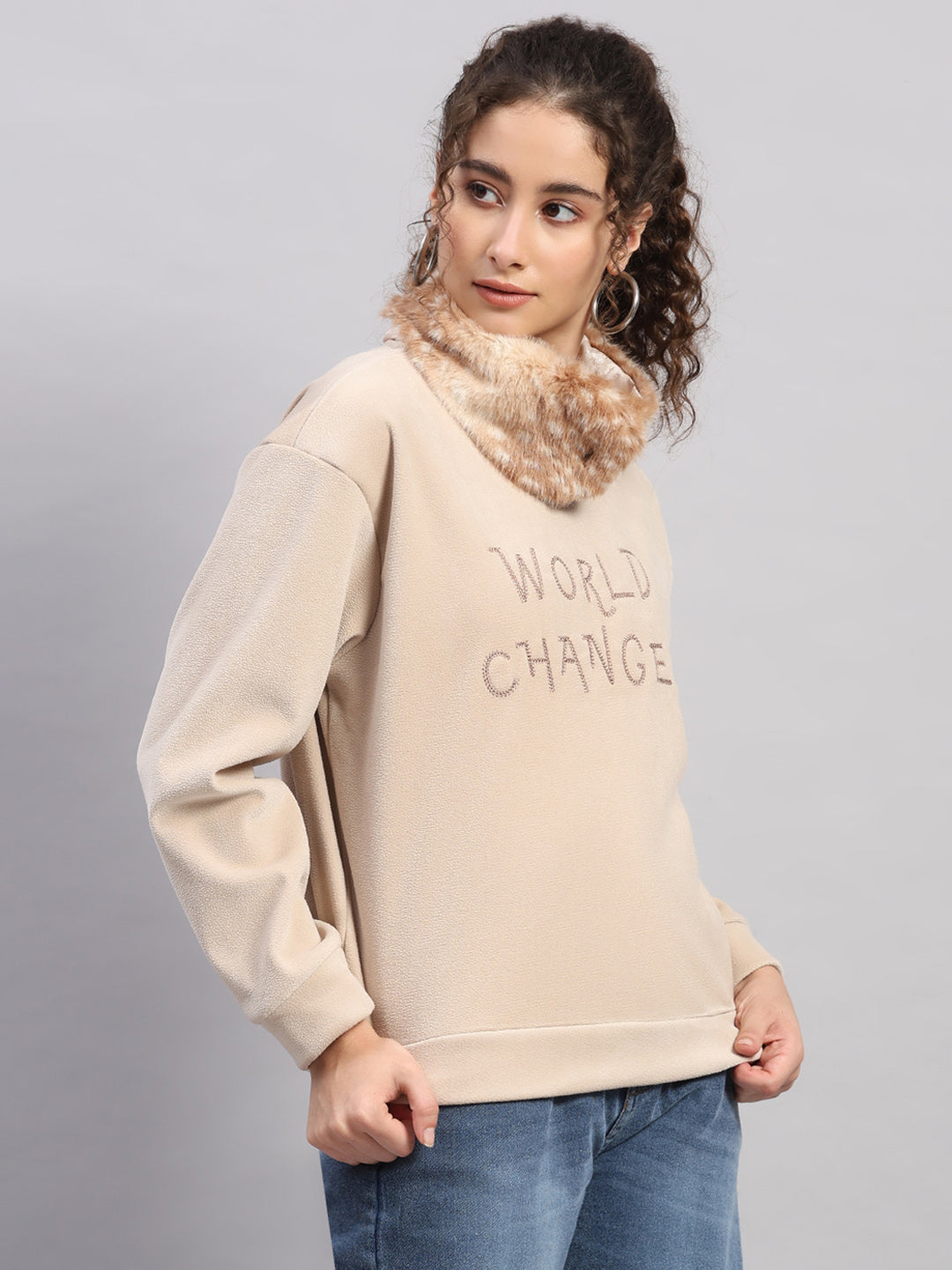 Women Beige Embroidered Round Neck Full Sleeve Sweatshirt