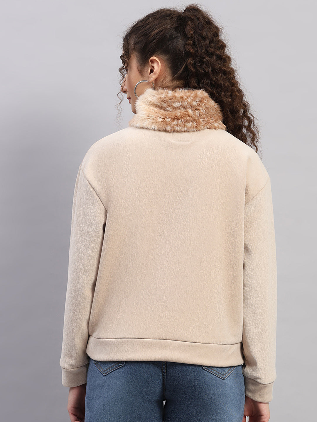 Women Beige Embroidered Round Neck Full Sleeve Sweatshirt