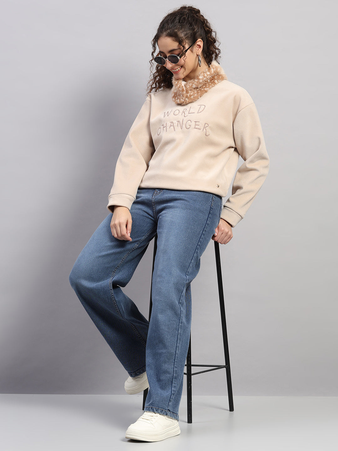 Women Beige Embroidered Round Neck Full Sleeve Sweatshirt