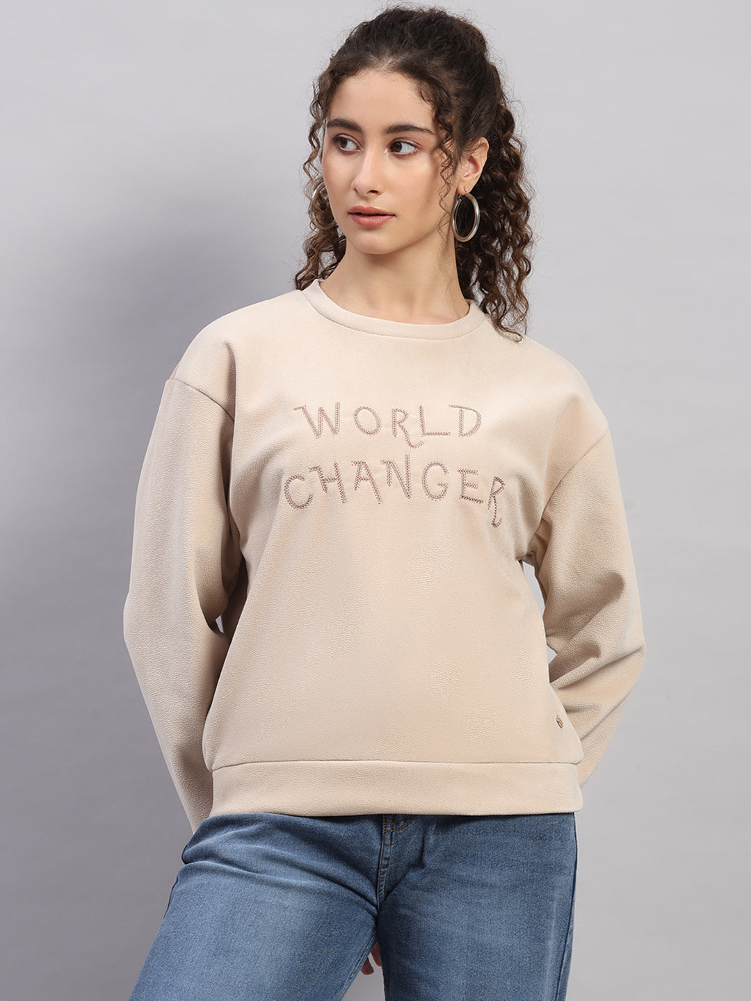 Women Beige Embroidered Round Neck Full Sleeve Sweatshirt